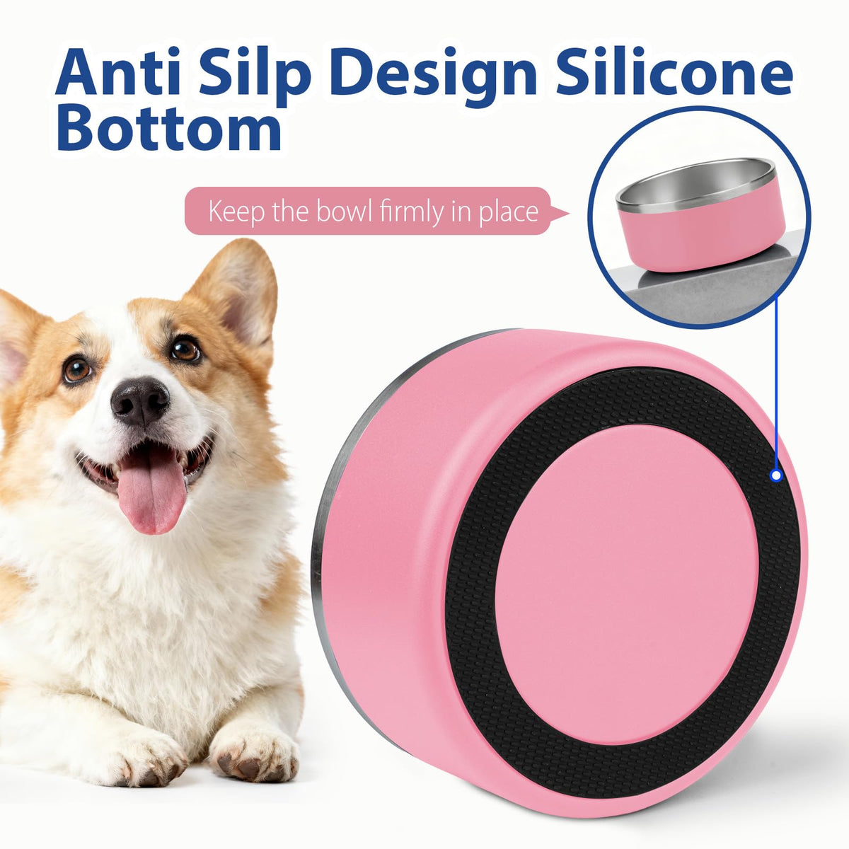 Dog Bowl, Stainless Steel Dog Bowls for Food and Water, Metal Pet Feeding Bowl with Insulated Non-Slip Quiet Bottom, Easy to Clean, Dishwasher Safe, 32oz,4 Cup | Pink