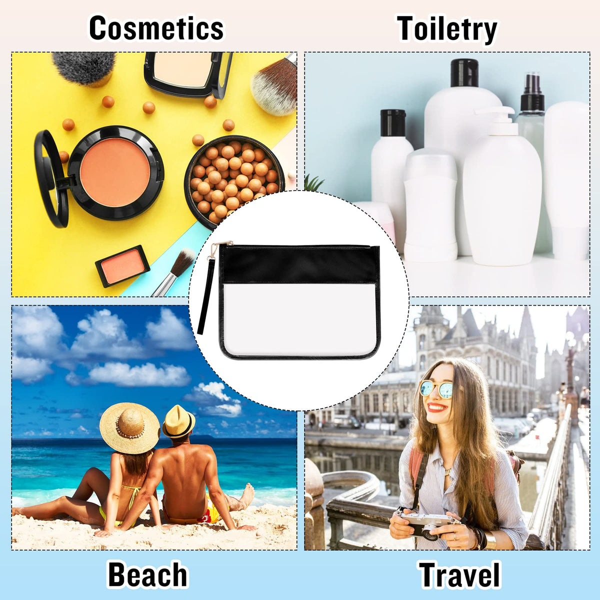 Izuzta Clear PVC Flat Pouch - Travel Makeup Bag With Wristlet, DIY Chenille Letter Bag, Waterproof Portable Toiletry Cosmetic Pouch for Women Girls (Black)