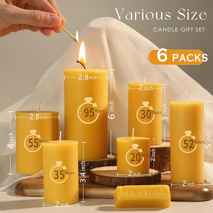 Natural Beeswax Candles Set of 6, Handmade Beeswax Pillar Candles Set, 6 Sizes, 100% Pure Unscented Bees Wax Candle, Honey Aroma Pillar Candles Bulk, for Calming, Relaxing, Air Purification