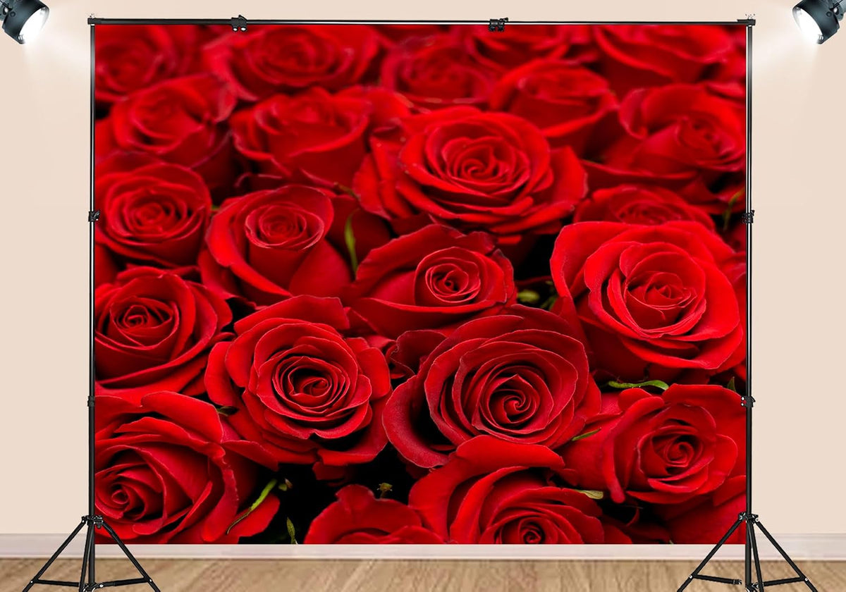 SHDASMIL 6X6ft Bright Red Roses Close Up Backdrop Fresh Floral Bouquet Background for Valentines Day Wedding Party