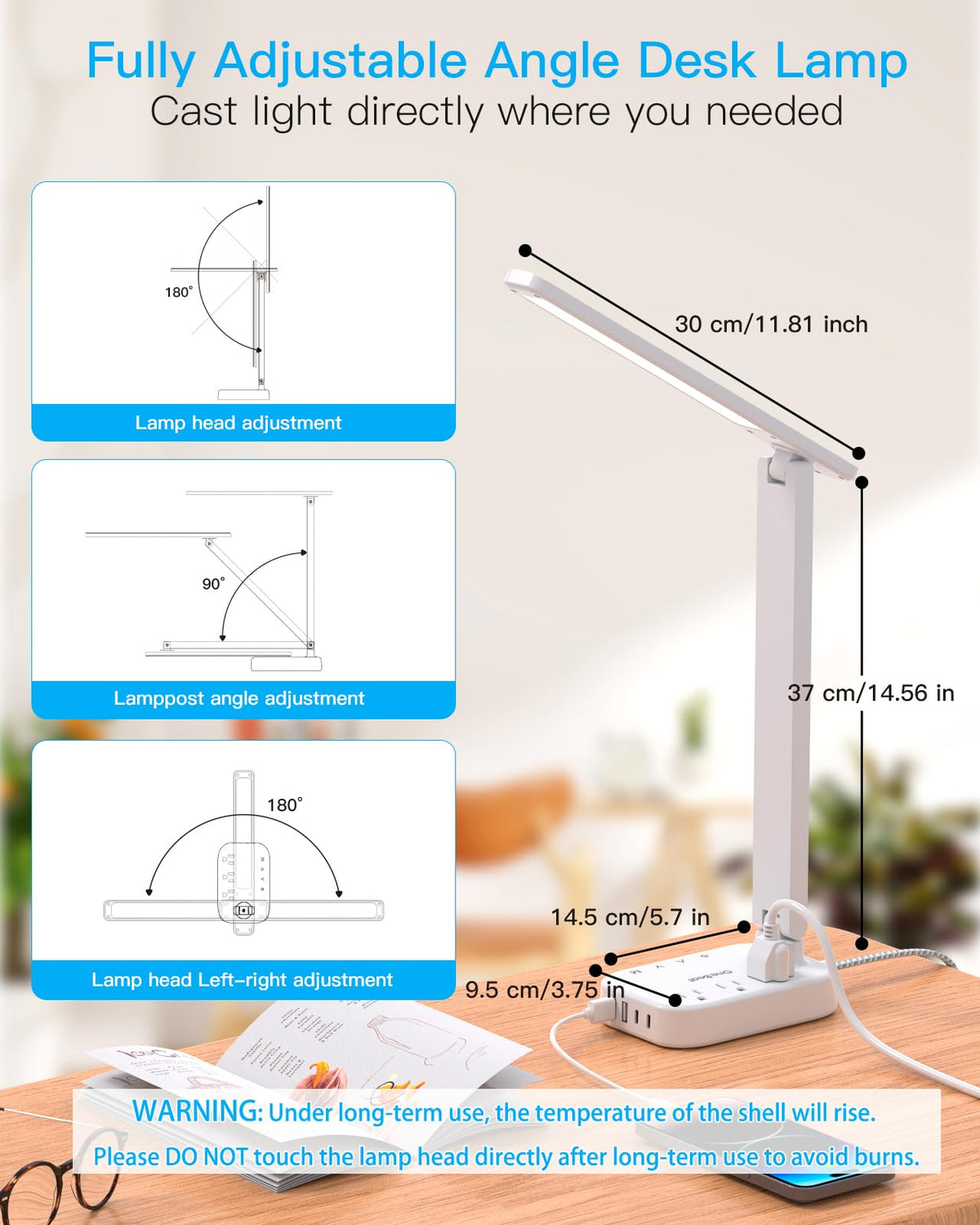 One Beat Small LED Desk Lamp Power Strip 5ft Extension Cord with 3 Outlets 4 USB Ports(2 USB C), 4 Modes, 5 Level Touch Lamp Study Reading Light, Home Office Bedroom College Dorm Room Essentials,White
