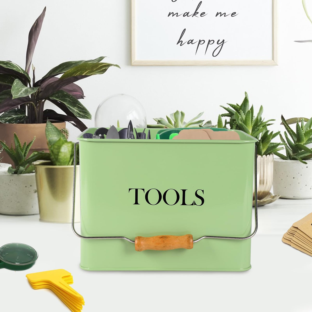 Xbopetda Garden Tool Organizer, Metal Tool Caddy with 3 Compartments, Portable Garden Tool Basket with Handle, Gardening Tool Kit Holder Empty, Garden Tool Storage for Indoor and Outdoor Use - Green
