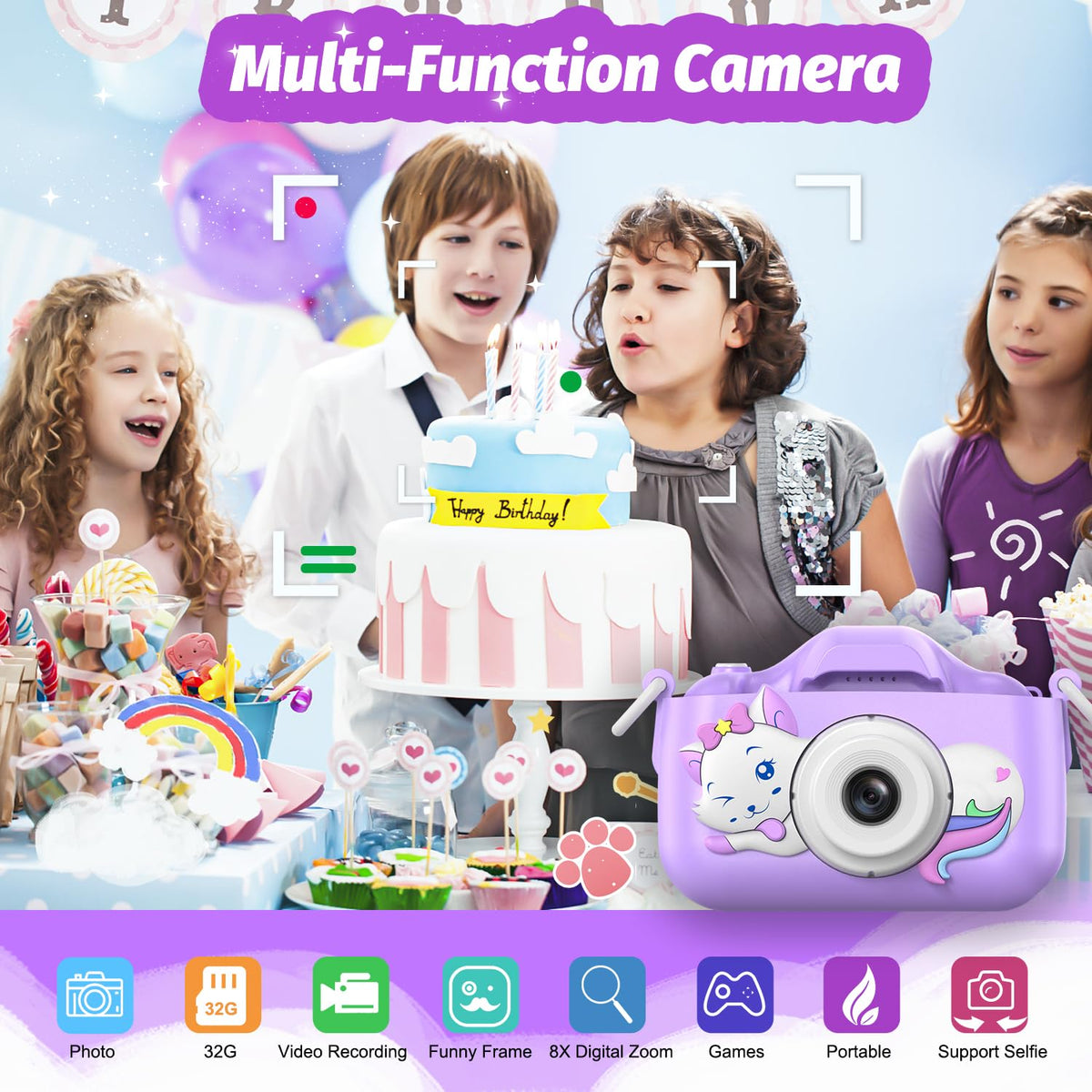 Goopow Kids Selfie Camera Toys for Girls Age 3-9, Digital Video Camera Toy with Protective Cover,Christmas Birthday Festival Gifts for 3-9 Year Old Girls Boys- 32GB SD Card Included (DC-H21-PURPLE)