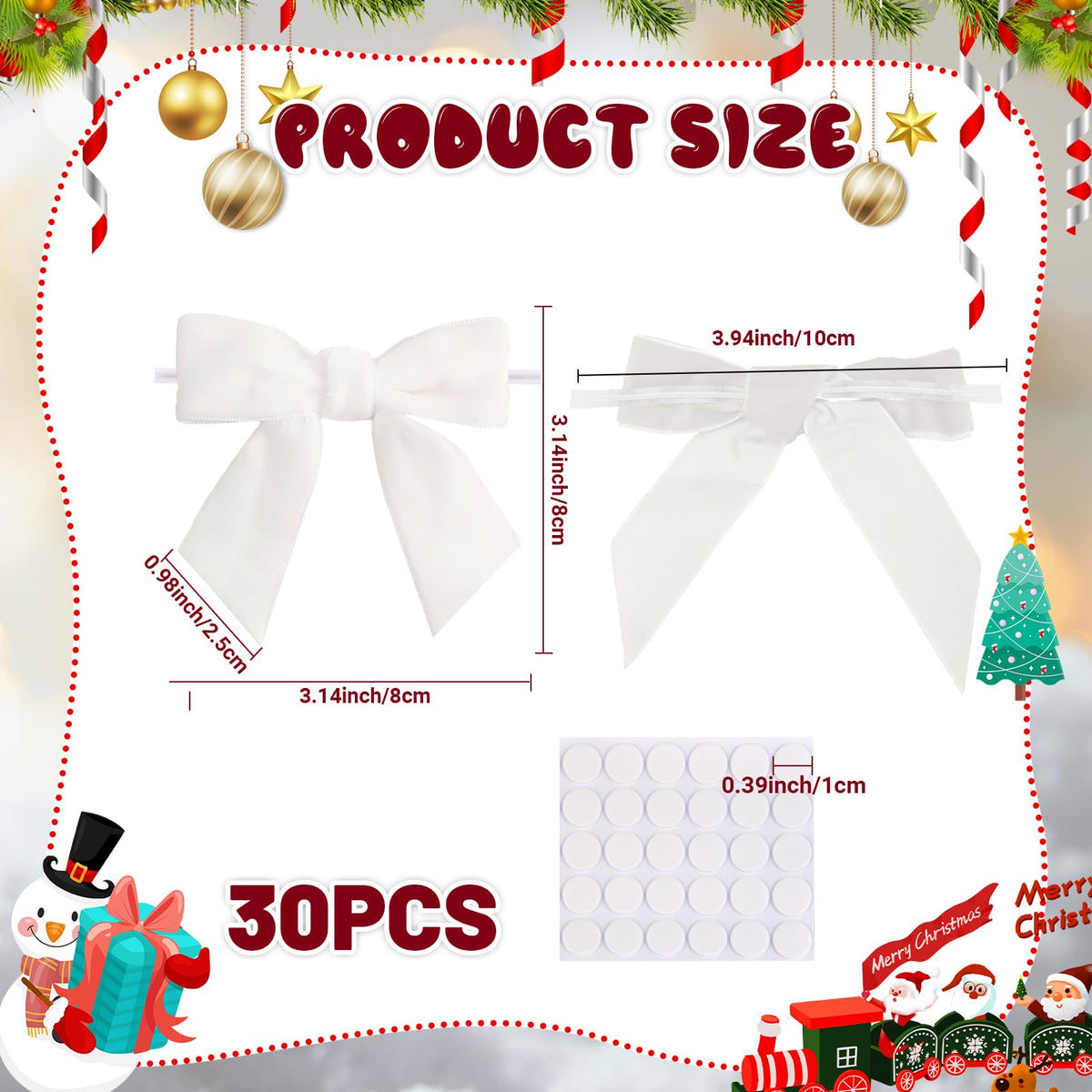 30 Counts 3.15Inch Velvet Bows with Adhesive Dots, Self-Adhesive Christmas Bows for Gift Wrapping Boxes, Wedding Decor, Christmas Tree Ornaments (White)