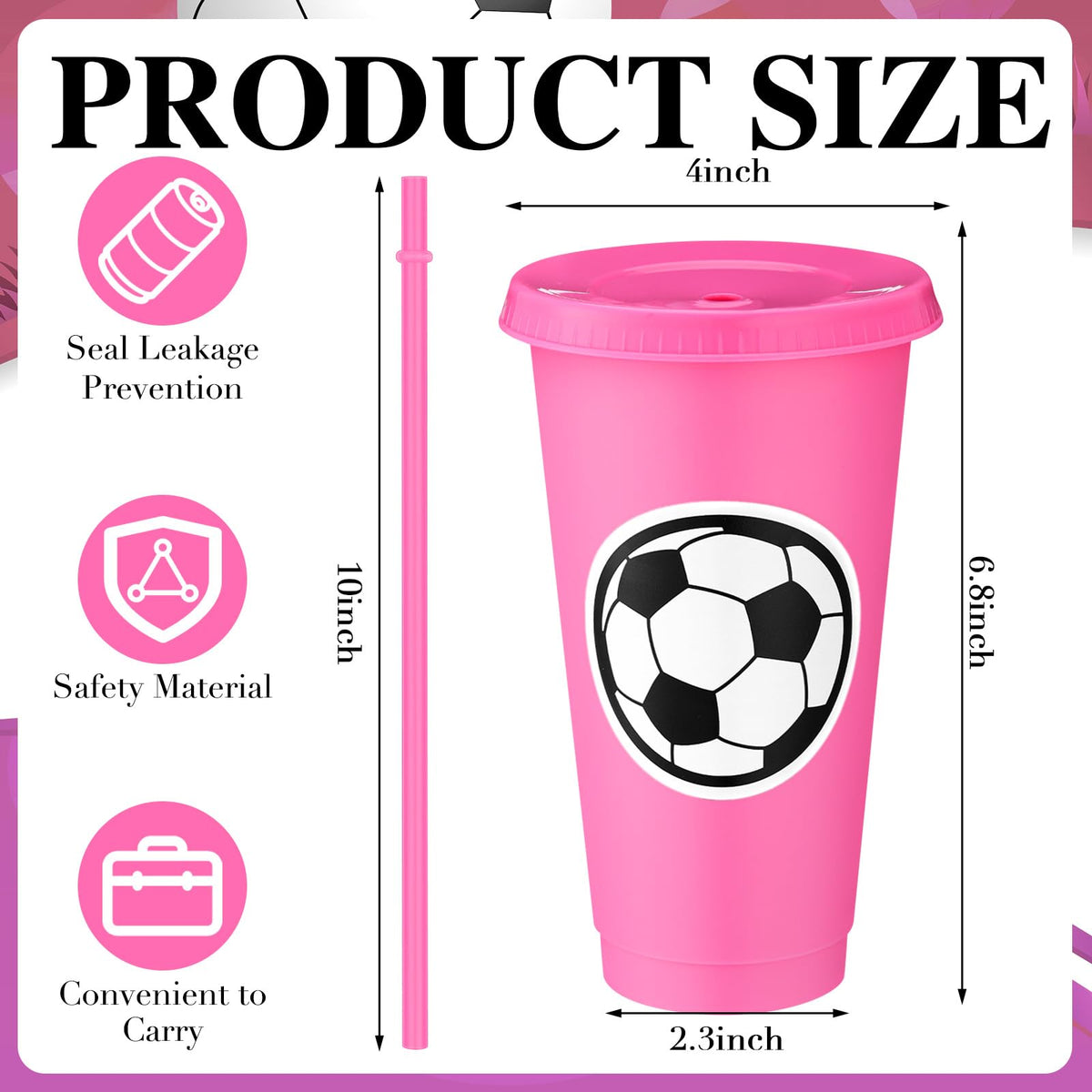 Domensi 12 Pcs Sport Soccer Plastic Cups with Lid and Straw 24 oz Reusable Plastic Cups Coffee Tumblers Gift for Fan Friend Guest Birthday Office Sport Party Supplies (Pink)