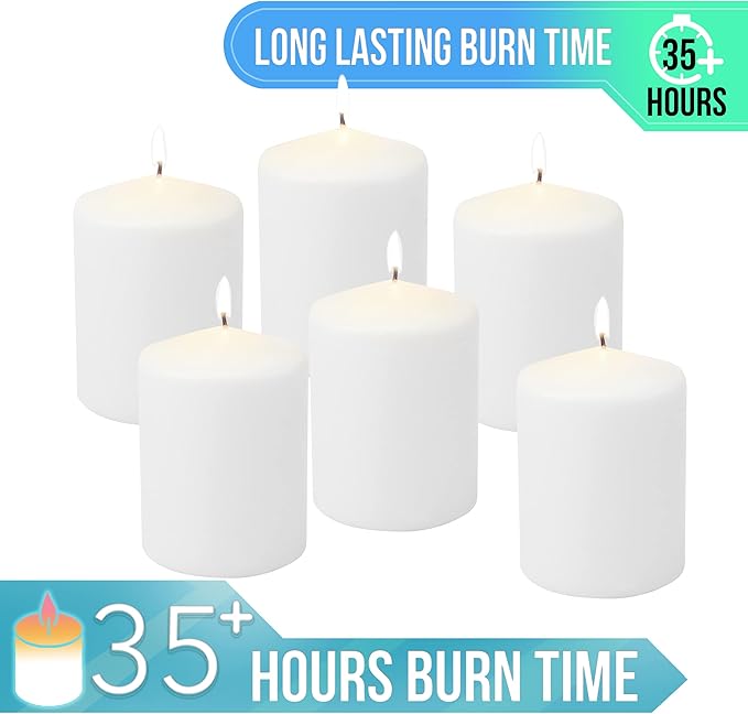Stonebriar Unscented White Tall Pillar Candles, 35 Hour Burning Candle Pillars, Perfect for Decor, Weddings, Emergencies 3" X 4", 6 count