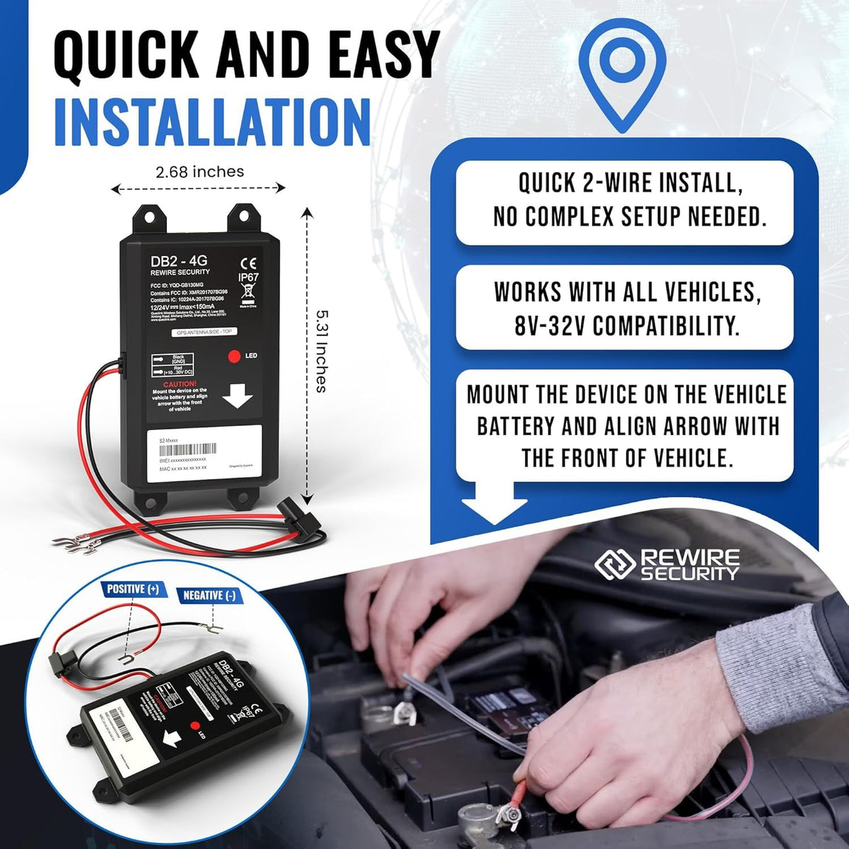 REWIRE SECURITY DB2-4G GPS Tracker for Vehicles – Real-Time Vehicle Tracking Device for Car, Van, Motorhome | Easy Battery Install | Live App Tracking | 4G Fleet Tracking | Low Cost Plan | Free Trial