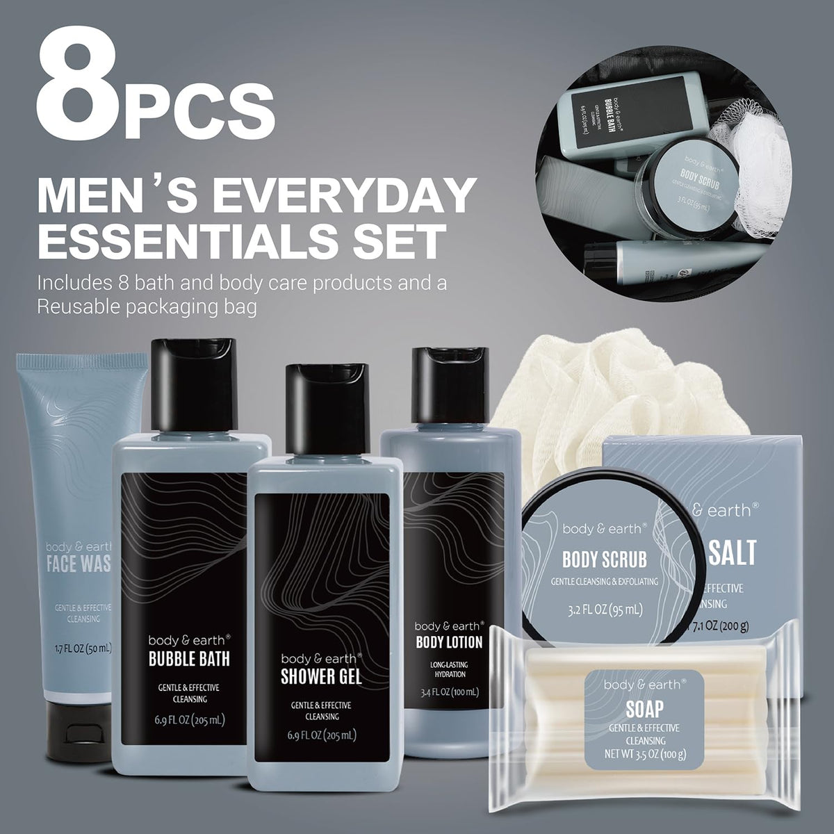 Body & Earth Gift Baskets for Men 8pcs Mens Grooming Sets with Leather Scent Gift Sets for Christmas Gifts for Men