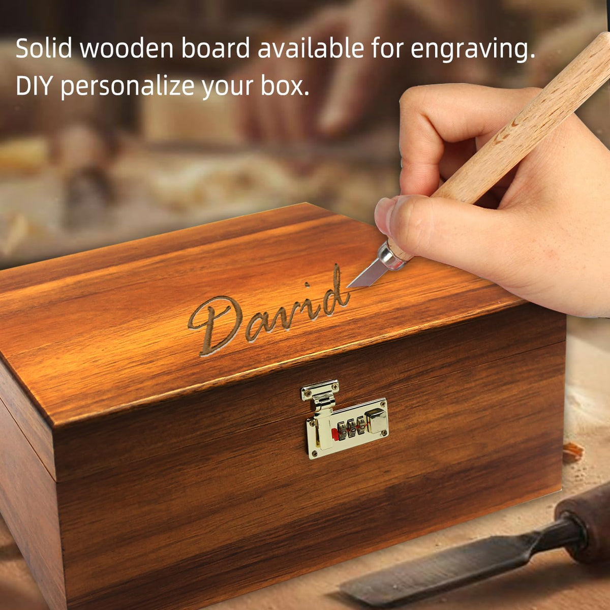MFLUEEWR Large Wooden Box with Hinged Lid with Combination Lock,Wood Storage Box Decorative Lockable Chest for Keepsakes, Valuables, Accessories, Treasured Items(Code No Grid)