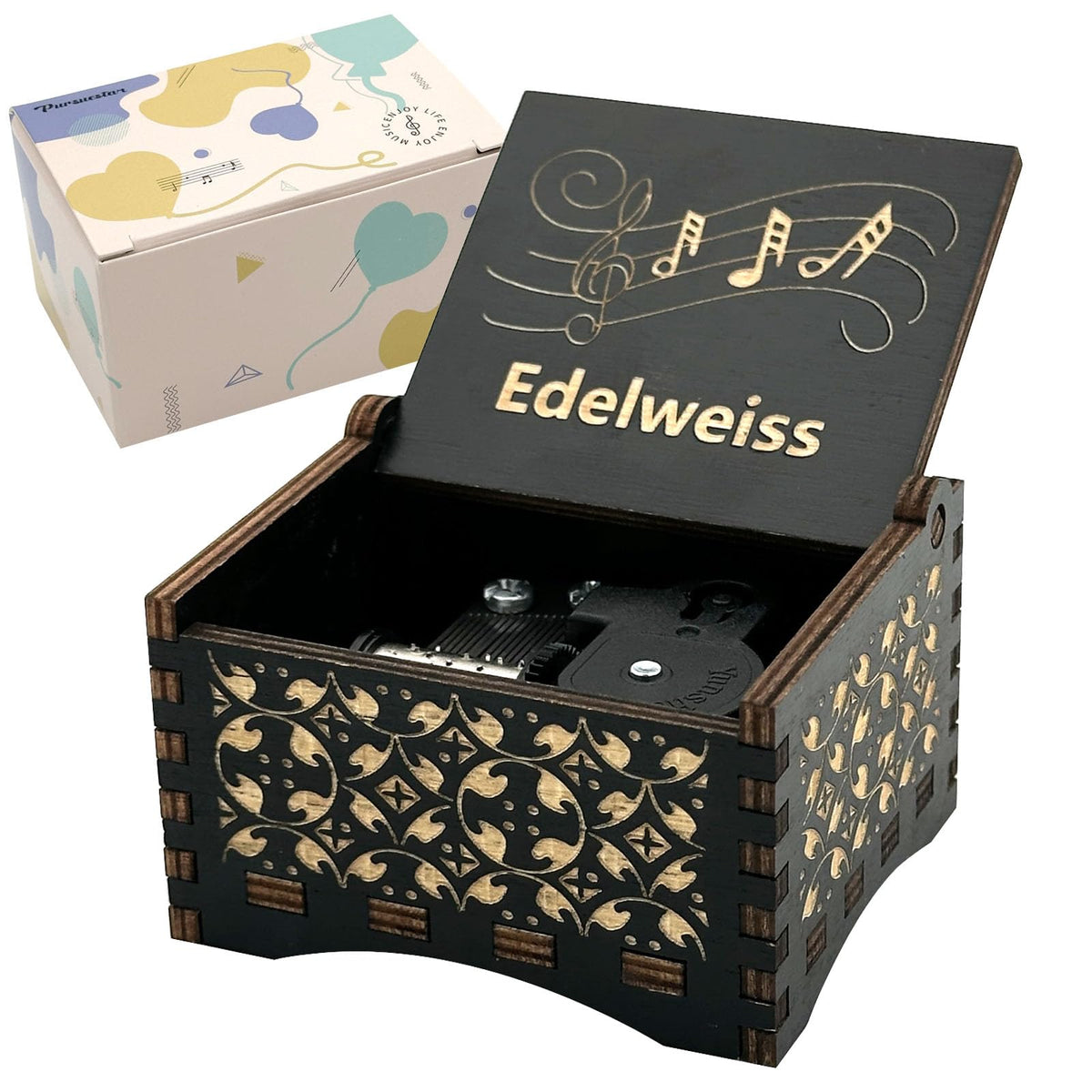 Pursuestar Edelweiss Wind Up Music Box, Vintage Engraved Wood Mechanism Musical Gifts for Birthday Mother's Day Valentine's Day Christmas Thanksgiving