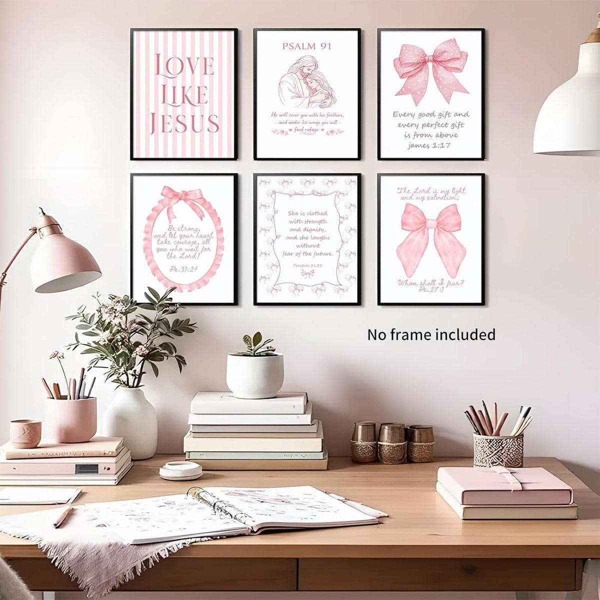 Pink Christian Wall Art Decor Posters Pink bow scriptures Inspirational Bible Wall Decor Room Bedroom Bathroom Dorm Wall Art Decor for College Teen Girls Gifts 10x8 Inch Set of 6pc Pictures UNFRAMED