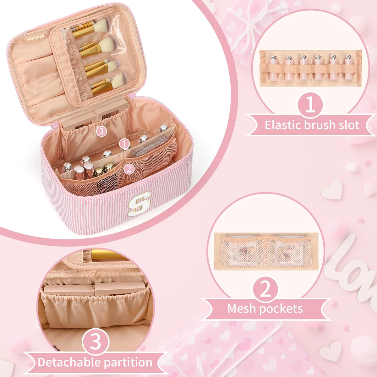 OCHEAL Makeup Bag for Women, Monogram Cosmetic Bag Pink Travel Makeup Case Beauty Toiletry Bag Organizer Personalized Gifts for Girls Bridesmaid, Sister, Wife, Friends Initial S
