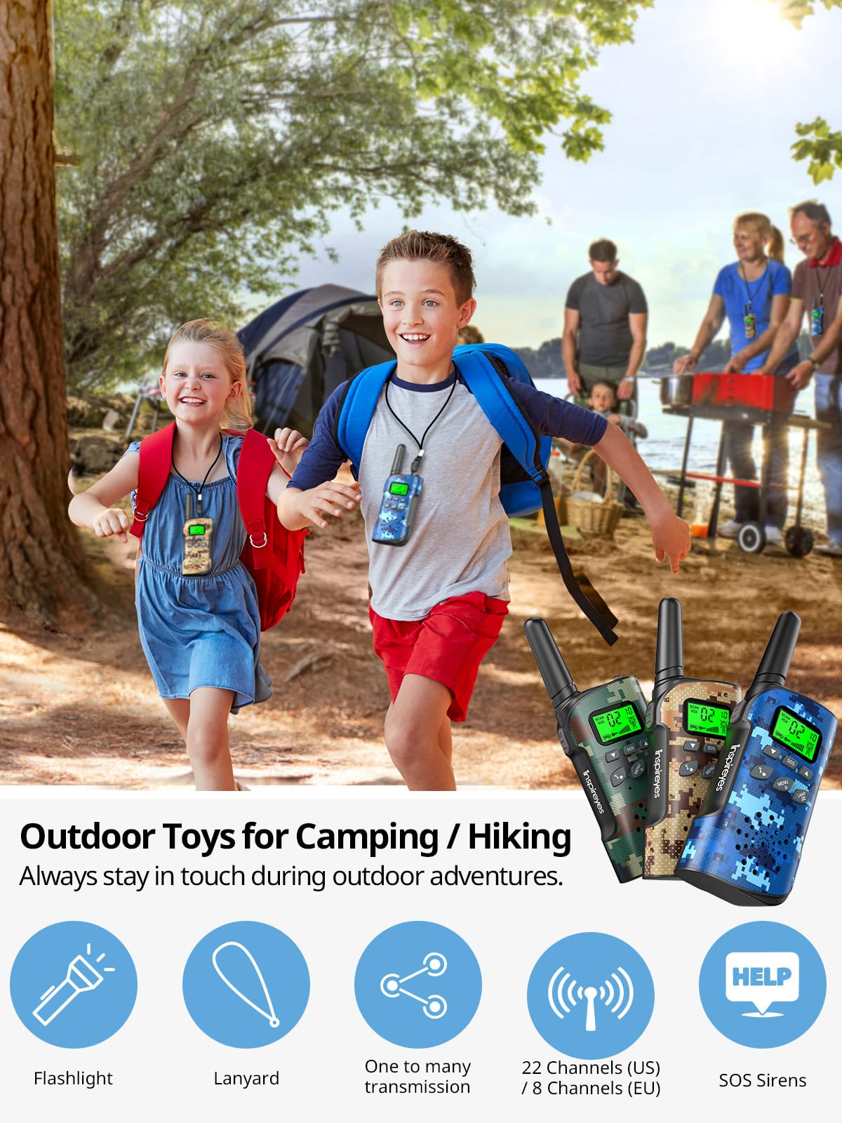 Inspireyes Walkie Talkies for Kids, Rechargeable Long Range 2 Pack, Camouflage Kids Toys for Boys Girls Ages 3-12, 2 Way Radio Toy, Outdoor Adventure Toys, Camping Hiking Gear, Birthday Gifts for Kids