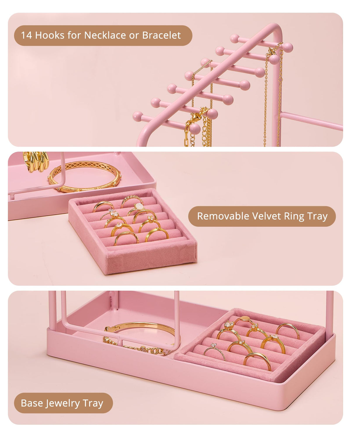 ProCase Jewelry Stand Holder Organizer, Jewelry Display Storage with Ring Tray, Rotating Earring Bracelet Necklace Holder, Valentine's Gifts Room Dorm Decor for Teen Girls -Pink (No-Assembly)