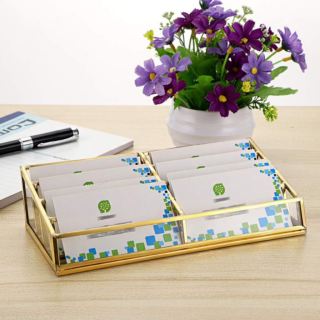 Hipiwe Glass Business Card Holder Stand 8 Slot Name Cards Display Storage Holder Gold Metal Business Cards Organizer for Office Desktop Countertop