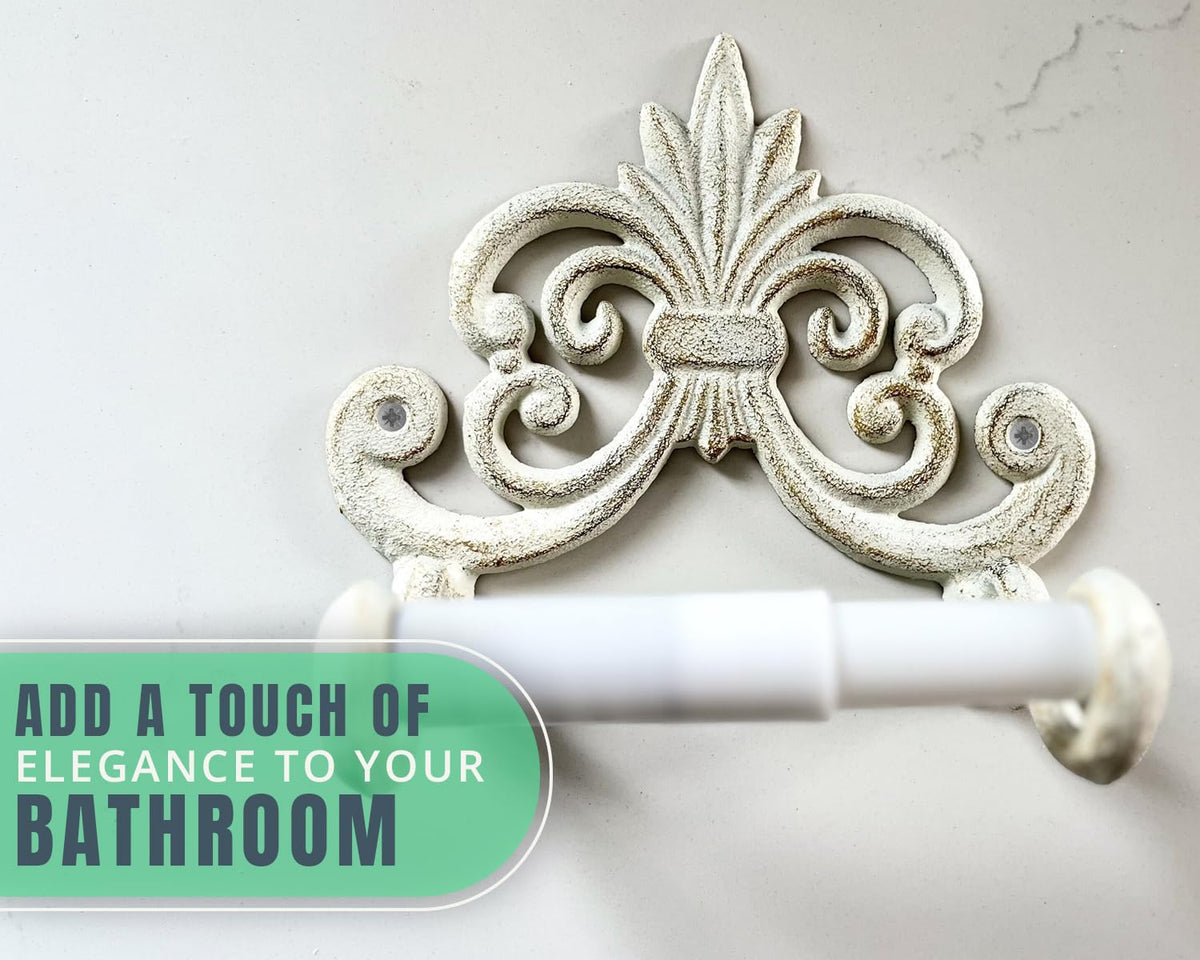 Comfify Fleur De Lis Cast Iron Toilet Paper Holder – Wall Mounted Tissue Dispenser – European Vintage Design – 7.28" x 6.29" x 3.74" – Includes Screws and Anchors – Antique White
