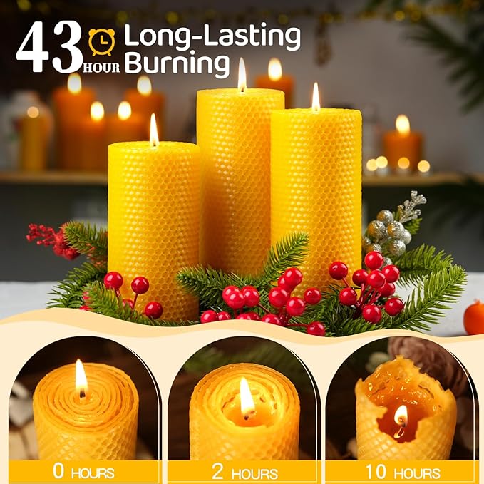 3 Pack Natural Beeswax Pillar Candles,2.8x6in Handmade Beeswax Rolled Candles,129 Hours Long Burning Honeycomb Bees Wax Candle for Gift & Home Decor,Dripless Smokeless Unscented