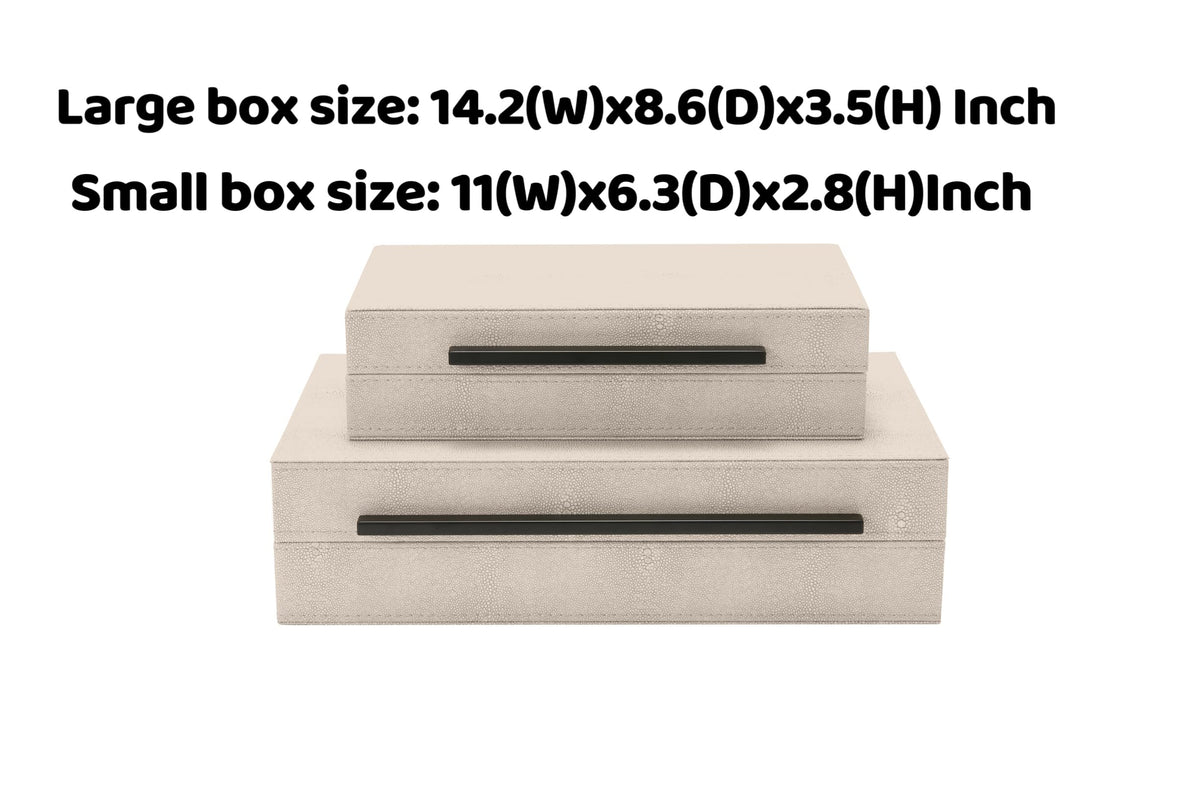 Sagala Set of 2 Ivory Shagreen Decorative Boxes With Black Metal Handles, Faux Leather Jewelry Boxes Modern Storage Boxes Photo Boxes Memory Boxes Home Organizer Box(Ivory)