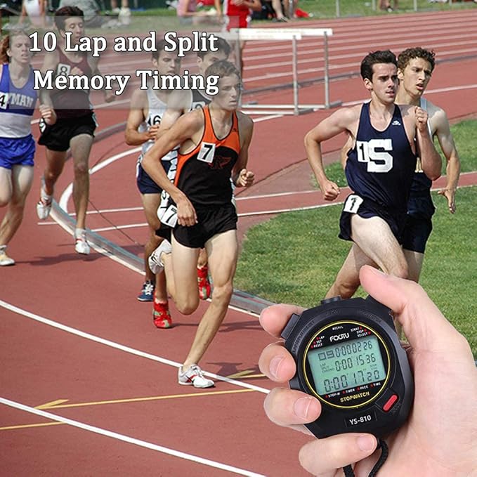 FCXJTU Digital Sports Stopwatch Timer 10/100 Lap Split Memory Stopwatch Calendar Alarm, Pace Mode with 3-Row Extra Large Screen Water Resistant Includes Battery, Lanyard for P.E Referee Coaches