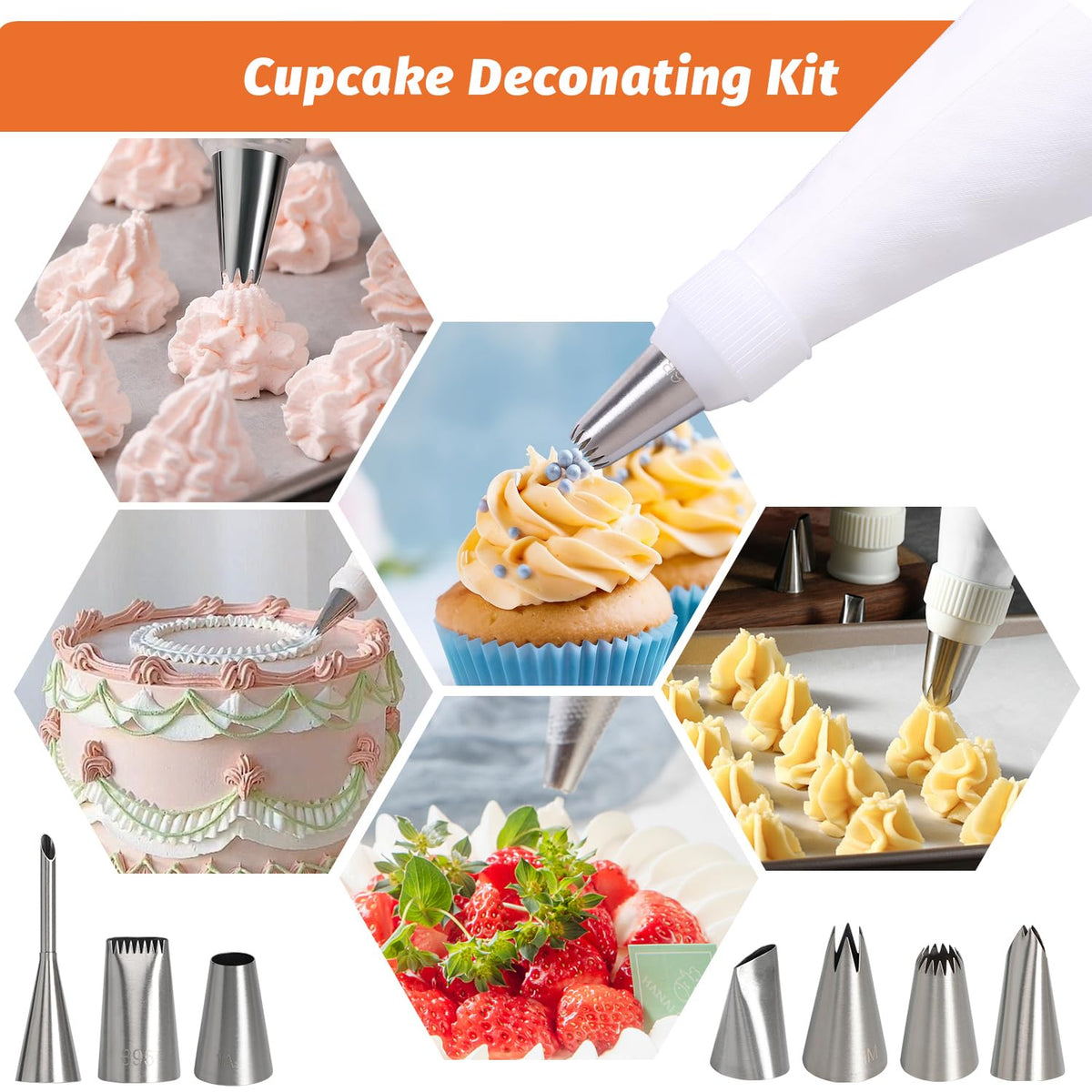 Piping Bags and Tips Set, Frosting Piping Kit for Baking with Pastry Bags and Tips, Standard Converters, Silicone Rings, Reusable cotton Piping Bags Easy to Clean for Cookie Icing, Cupcake