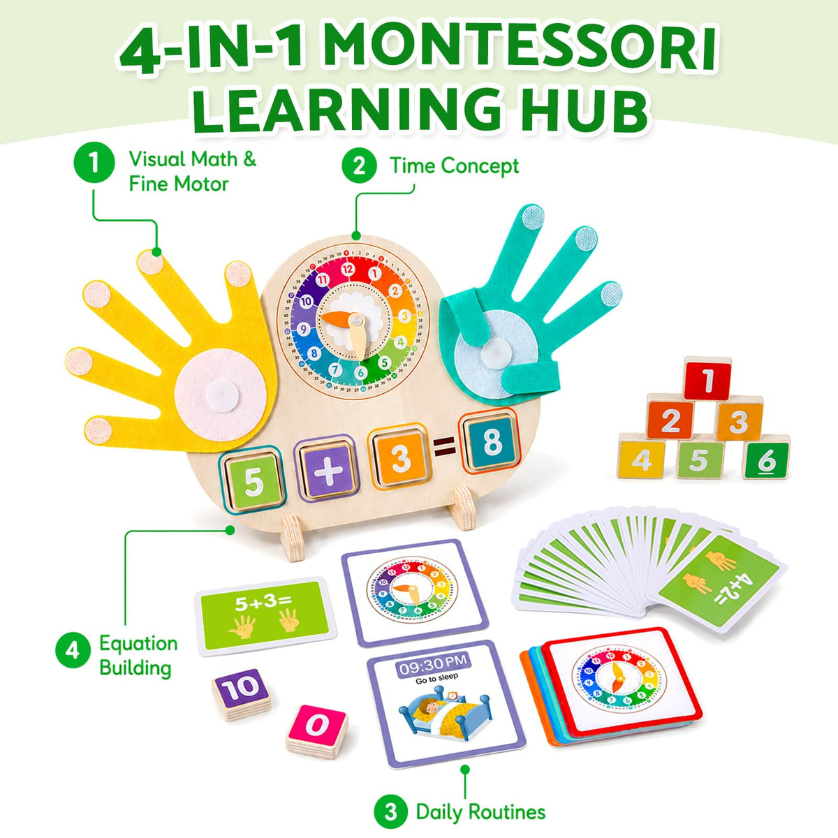 Quliwise Educational 2 in 1 Math Manipulatives Number Counting Blocks & Teaching Clock for Kids, Preschool Learning Toys for Toddlers 3-5, Montessori Toys for 3-5 Year Old Boys Girls Birthday Gifts