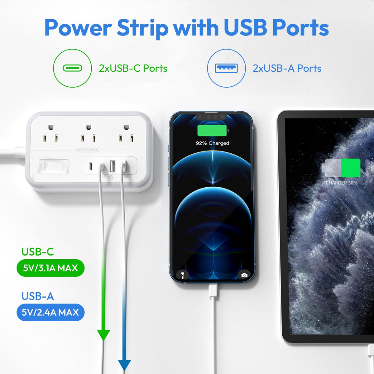 Extension Cord 15 ft, Power Strip with 6 Outlets 4 USB Charger(2 USB C Port), Flat Plug Outlet Extender Long Cord, Protection for Indoor, Home, Office Supplies, Dorm Room Essentials