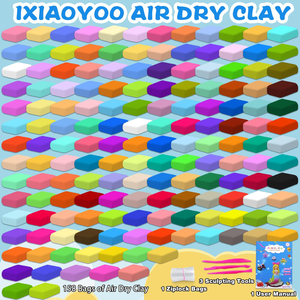 Ixiaoyoo Air Dry Clay for Kids, 158 Colors Modeling Clay Kit, DIY Model Toys with Sculpting Tools, School Arts & Crafts Set, Safe & Non-Toxic, Birthday & Christmas Gifts for Boys Girls Ages 3-12
