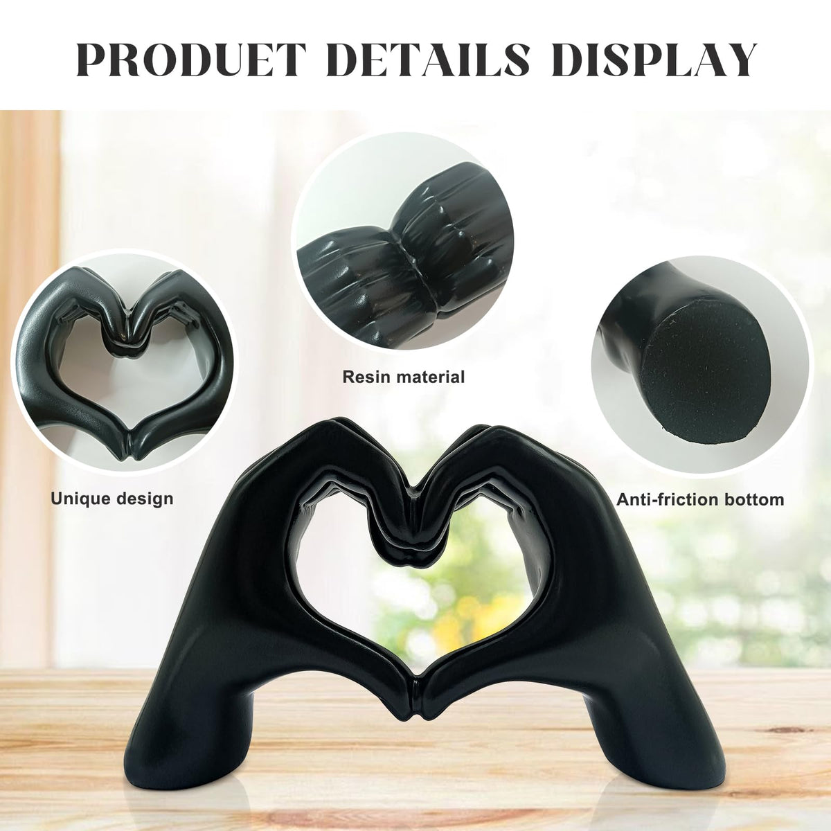 AWAIOY Black Heart Hands Sculpture Medium 6.9" Resin Love Statue, Modern Dark Aesthetic Shelf Decor for Teen Bedroom, Unique Romantic Figurine Gifts for Women Him Art
