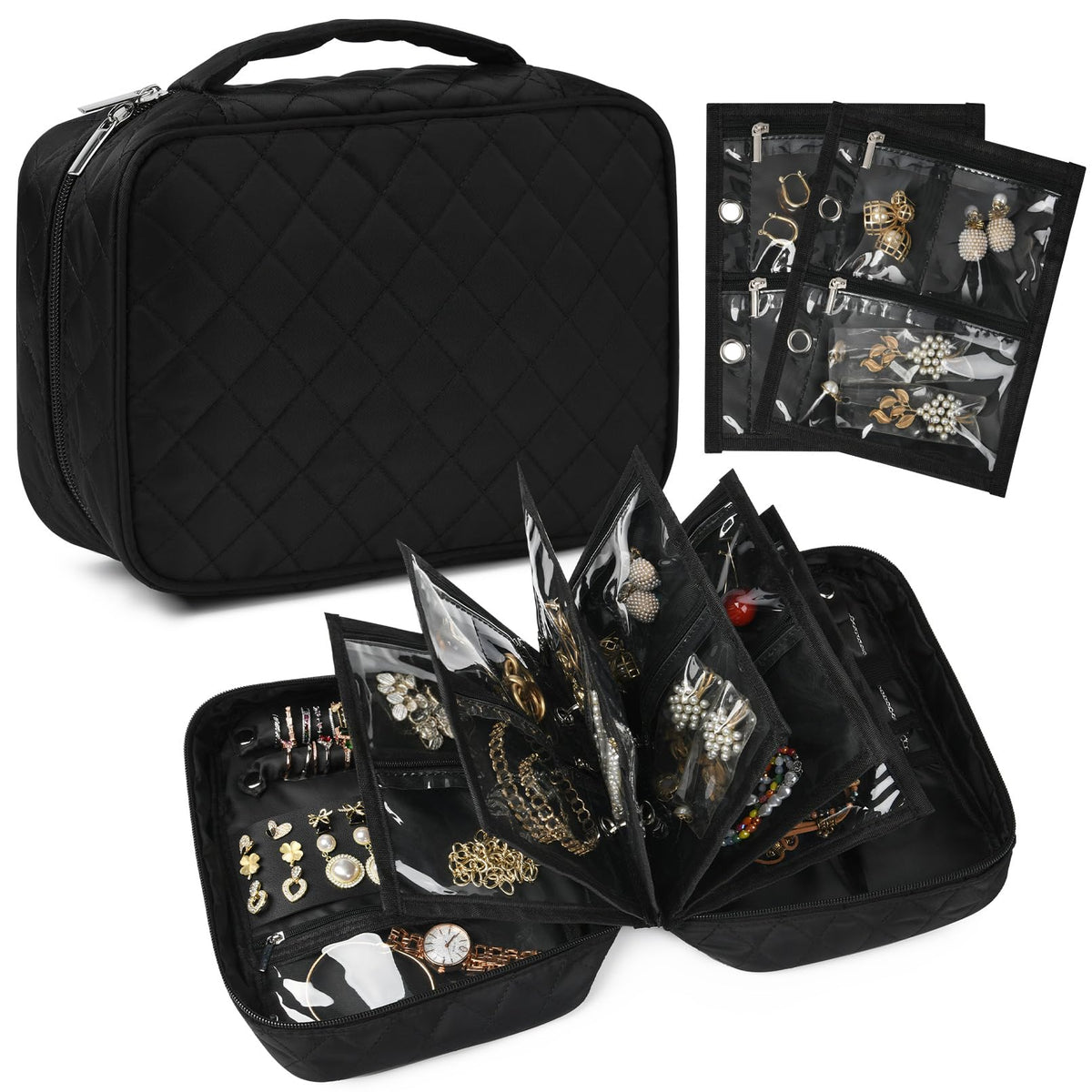 CEELGON Travel Jewelry Case Organizer and Storage Quilted Jewelry Pouch Box for Traveling Ring Necklace Earring Holder with Velvet Jewelry Binder Mini Portable Jewelry Bag (Black)