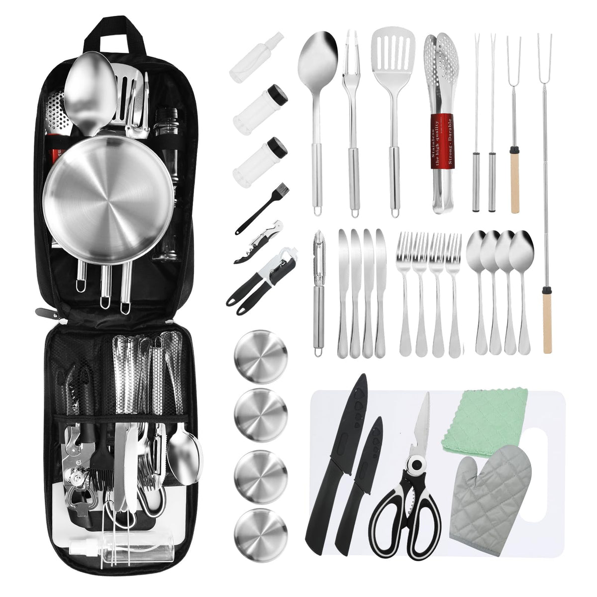 Essential Camping Utensils Set, Campers Mess Gear Kit, Portable Stainless Steel Kitchen Accessories, Must Have Car Travel Cutlery, Cookware Cooking Tools Equipment, Outdoor Survival for Men and Women