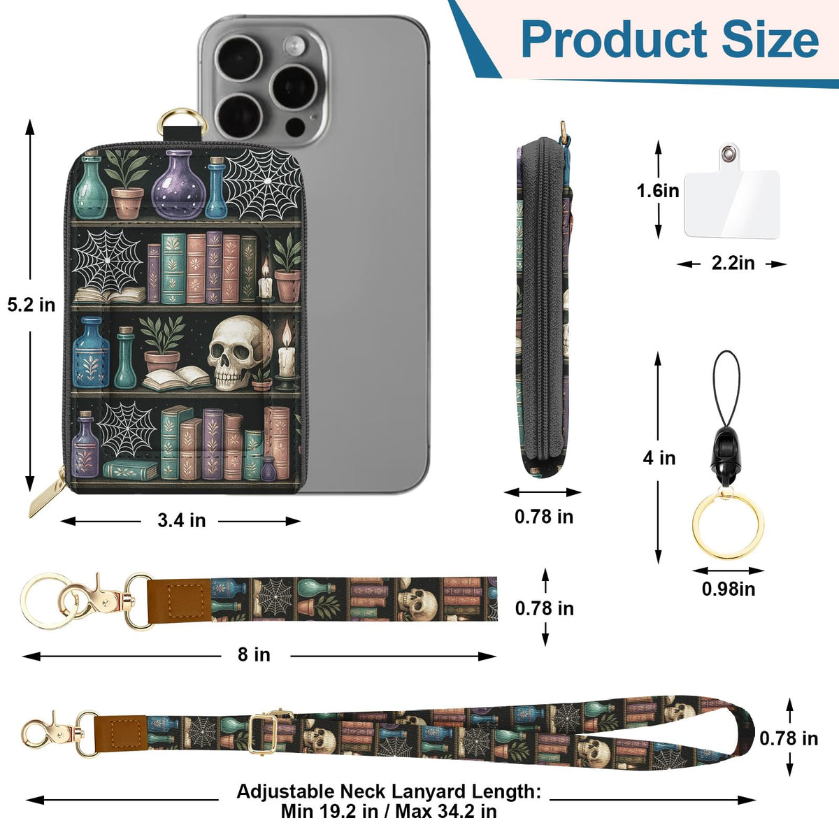 QRZIQRZ Lanyards Wallet & ID Badge Holder,Skull Bookshelf ID Case with Zipper,RFID Credit Card Holder for Women,Detachable Neck Lanyard Wrist Strap with Keychain Phone Holder for Teacher Nurse Gifts