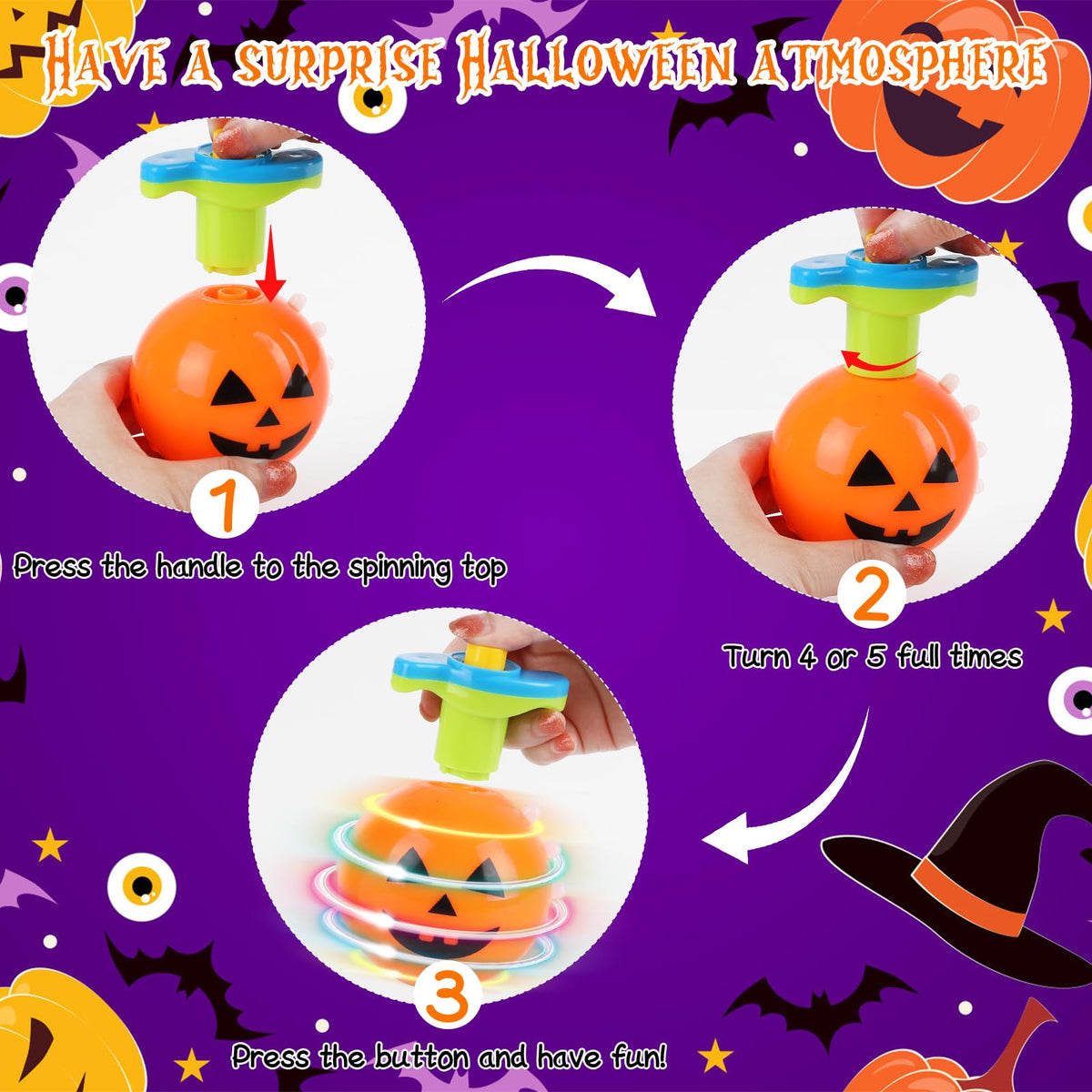 DERAYEE Halloween Basket Stuffers for Kids, 3PCS LED Pumpkin Skull Light Up Spinning Tops Halloween Spinning Toys Gifts for Halloween Party Favors Goodie Bag Fillers Classroom Rewards