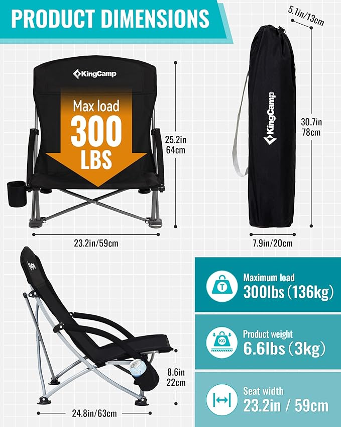 KingCamp Low Beach Chairs, Portable Folding Chair for Adults Extra Wide Ergonomic High Back Seat 300lbs Heavy Duty Lightweight Oversized Gear with Carry Bag for Outdoor Lawn Camping Picnic
