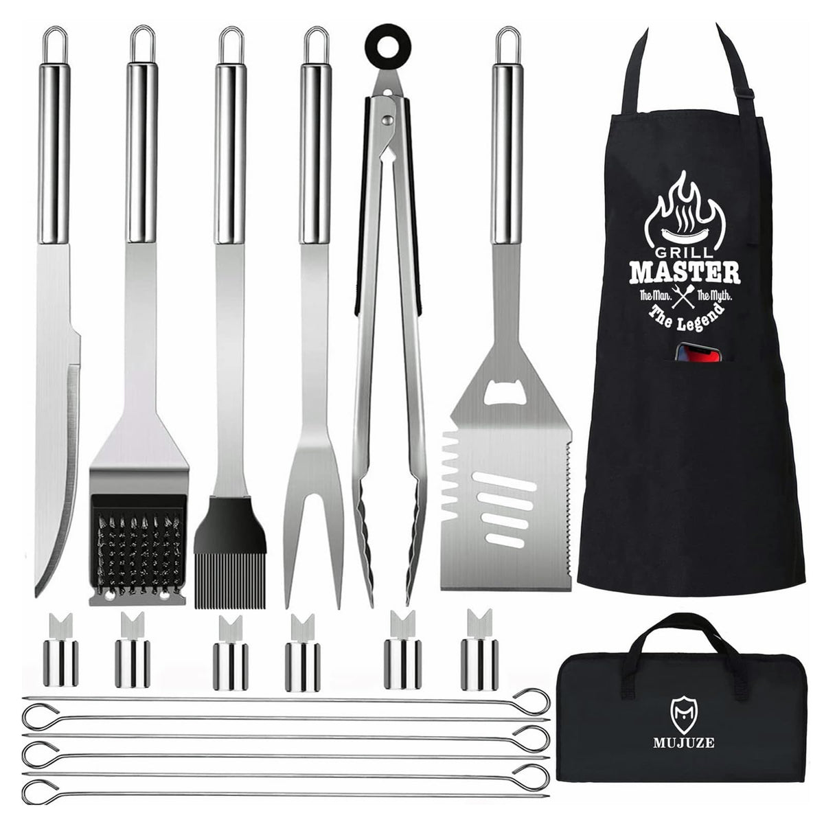 MUJUZE Grilling Accessories,Grill Utensils Set for Outdoor,Barbecue Tool Sets for Men,BBQ Accessories with Apron for Dad,Grill Tool Set,Grill Kit for Camping,Backyard