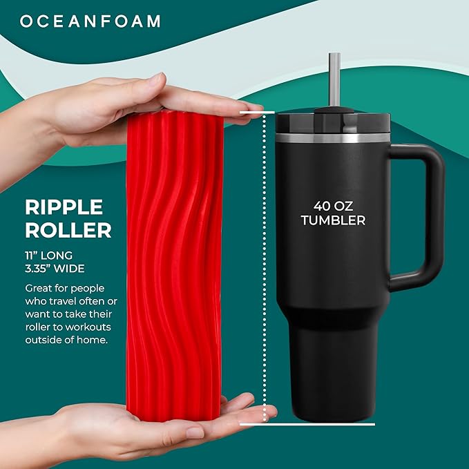 Oceanfoam Ripple Travel Foam Roller (11" x 3.35") Firm Mini Foam Roller for Physical Therapy, Deep Tissue Massage, Back Pain - High Density, Ergonomic Wave Textured - Yoga, Pilates, Exercise (Red)