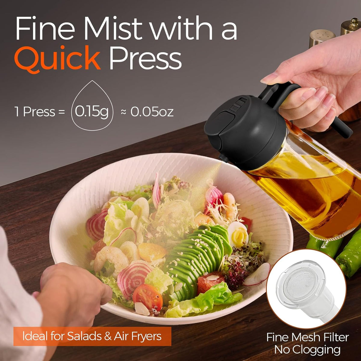 YARRAMATE Glass Olive Oil Sprayer - 16oz Premium Food Grade Dispenser for Cooking & BBQ (Black)