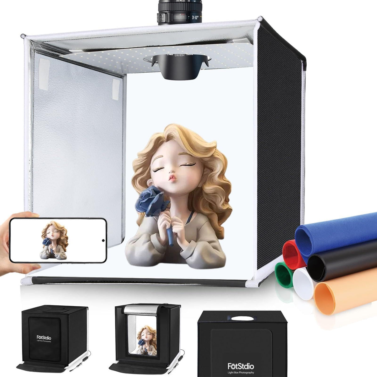 FotStdio 16x16 Inch Photo Studio Light Box Photography with 144 LEDs (CRI>95) & 6 Backdrops, Portable/Dimmable Folding Shooting Tents for Toys/Jewelry/Watches/Cosmetics/Food