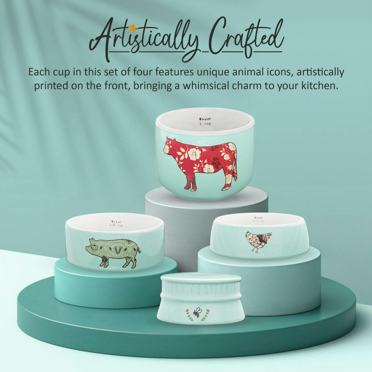 Pavilion Gift Company - 'Live Simply Bee, Chicken, Pig, and Cow' - 4-Piece Stoneware Measuring Cups Set, Sturdy Farmhouse-Style Kitchenware for Home Baking, Cooking, Gifting - Teal, 8 Ounces