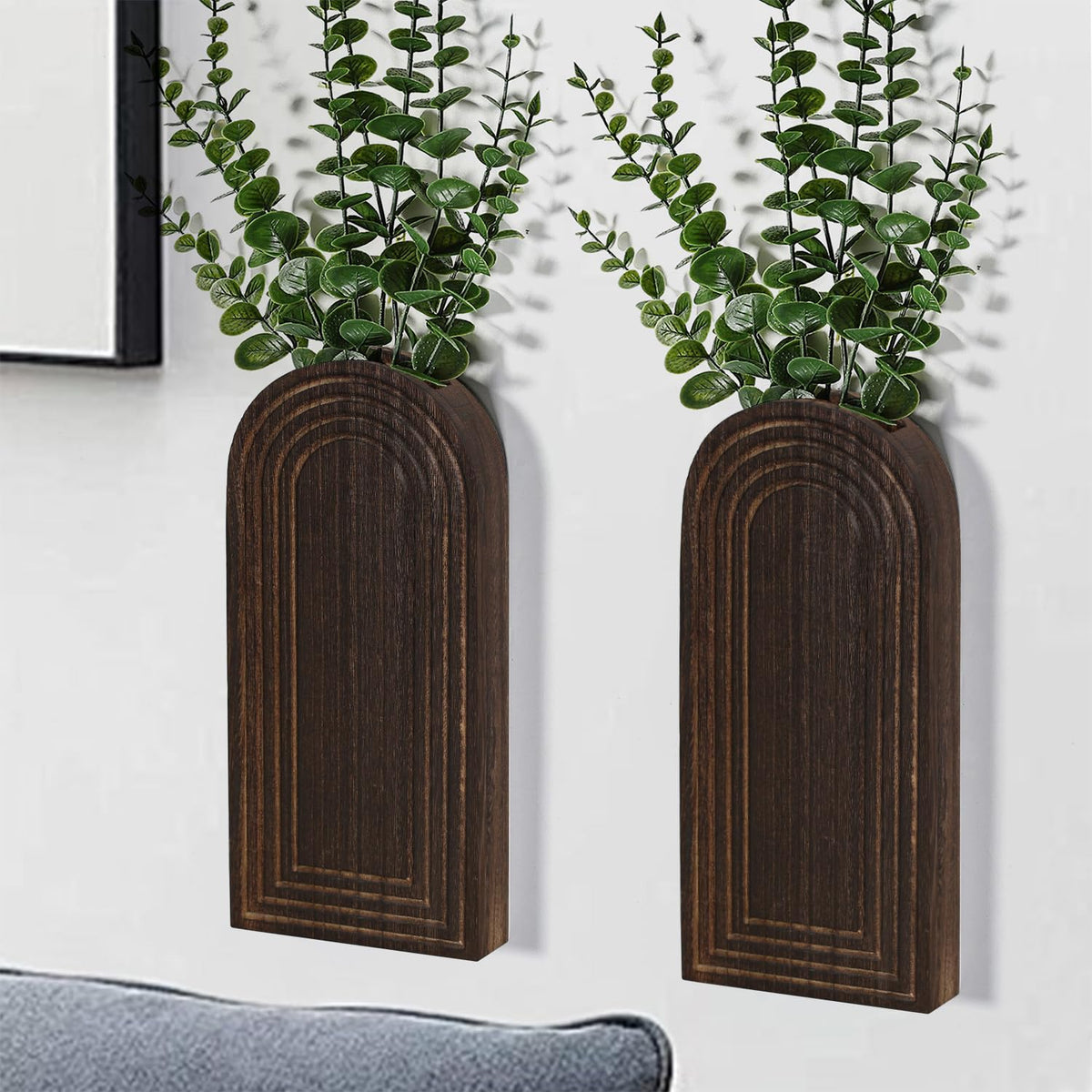 Dnnnii 2 Pack Wooden Wall Vase Set - Dark Brown Finish Modern Farmhouse & Boho Wall Decor for Entryway, Hallway, Bathroom, Living Room, Dining Room, Narrow Spaces