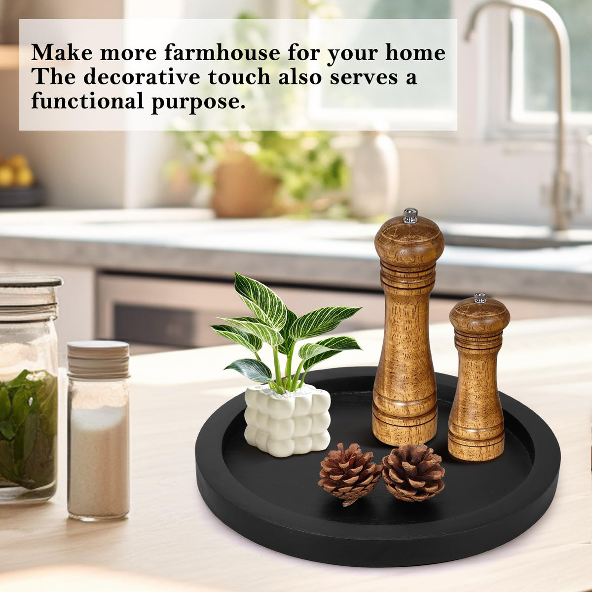 Round Decorative Tray for Coffee Dining Table Countertop Small Wooden Serving Trays Farmhouse Kitchen Home Living Room Decor and Bathroom Accessories Tray Black Rustic Wood Candle Centerpiece Trays