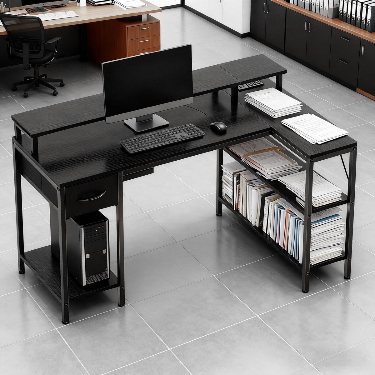 Simple Deluxe 47-inch L-Shaped Gaming Desk with LED Lights & Power Outlets, Reversible Corner Computer Desk with Monitor Riser, Drawer & Shelves, for Home Office, Black
