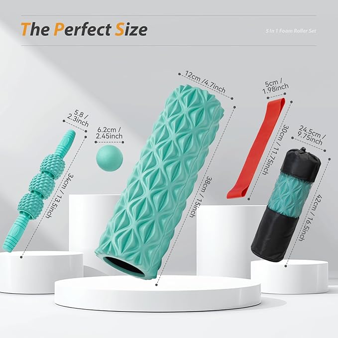 5 in1 Foam Roller Set, Trigger Point Foam Roller, Massage Roller Stick, Massage Ball, Resistance Band for Deep Muscle Massage Pilates Yoga,Fitness Exercise for Whole Body (Pure Turquoise)