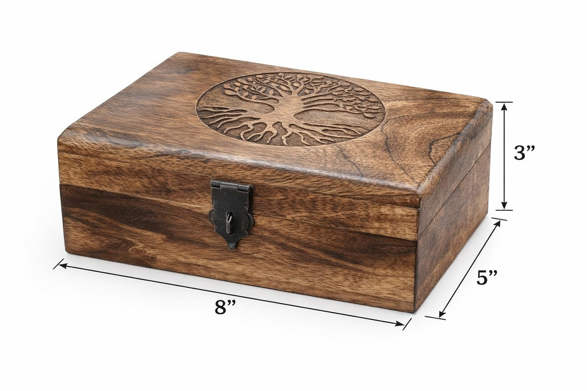 ELSHIL Handmade Mango Wood Keepsake Box with Engraved Tree of Life – Wooden Jewelry Box, Trinket Box, Flame Worked Finish, Unique Gift for Women & Men