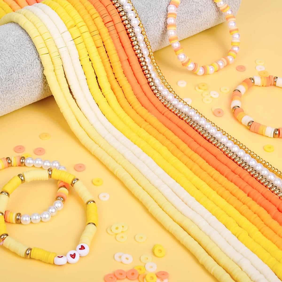 AceFun 3750PCS Clay Beads for Bracelets Making Polymer Clay Beads Kit with Pearl Beads Spacer Beads, Disc Heishi Beads Set for Jewelry Making Necklace Bracelet Earrings Finding, Yellow Mixed