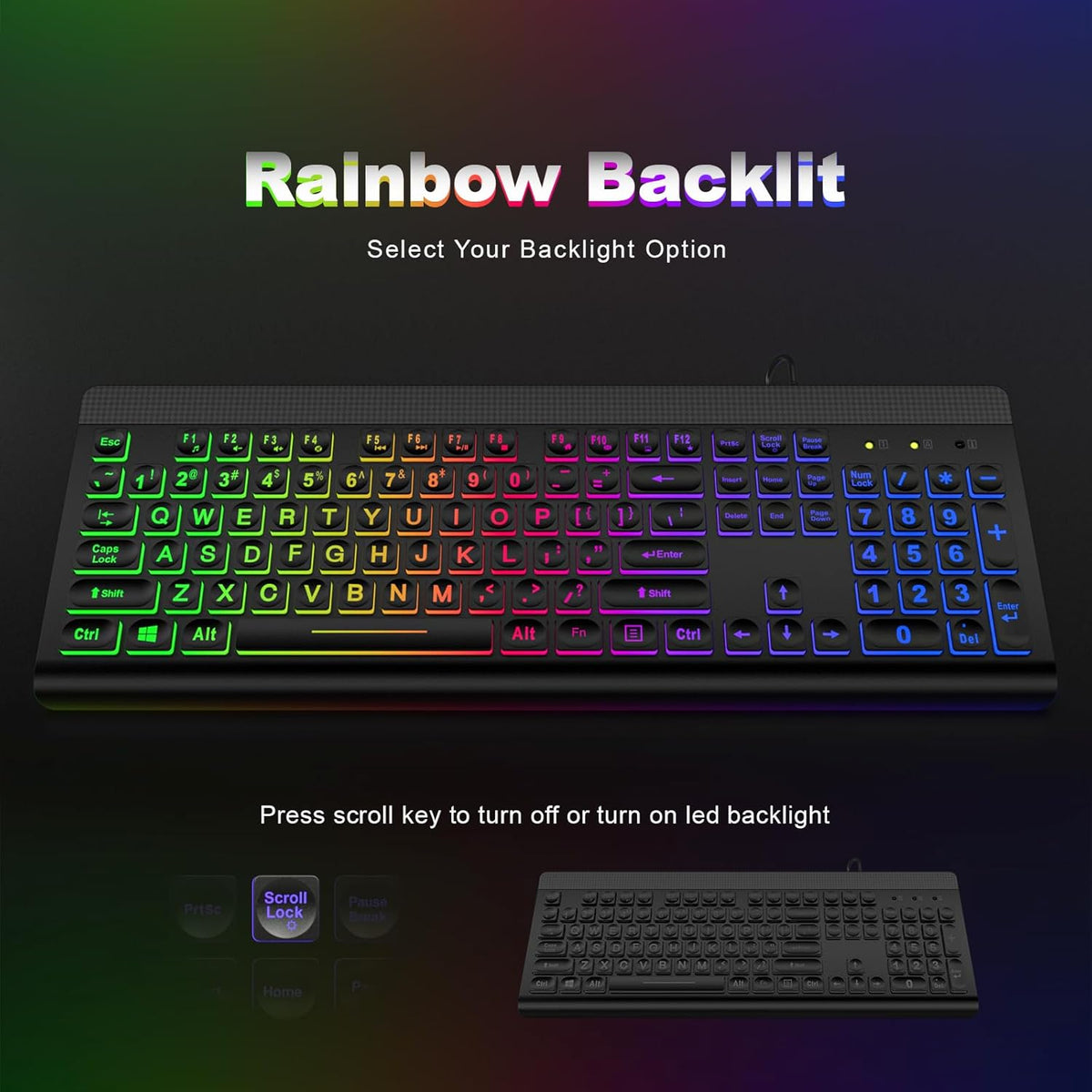 Atelus Large Print Backlit Keyboard, USB Wired Computer Keyboard, Full Size Keyboard with Rainbow Illuminated LED