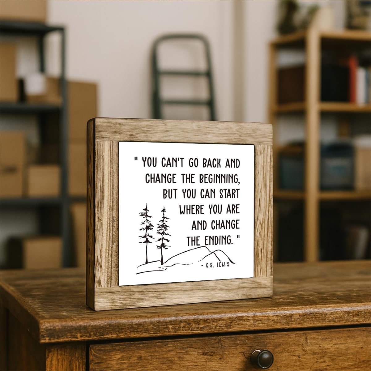 Inspirational Wooden Desk Decor Sign, You Can’t Go Back and Change the Beginning But You Can Start Where You Are and Change the Ending Quote, Motivational Farmhouse Tabletop Gift