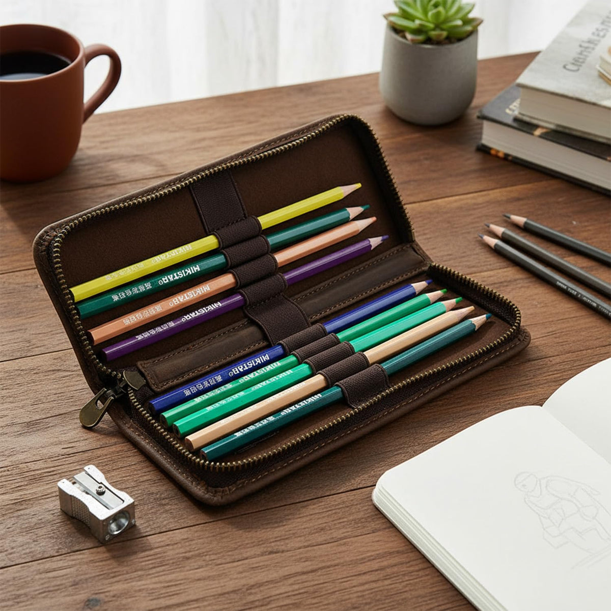 Acidea Genuine Leather Pencil Case Organizer, Coffee Style Leather Storage Pen Pouch for Pencils, Markers, Pens and Art Supplies, 10 Wooden Pencils Portable Pen Case Storage for Man Woman Office