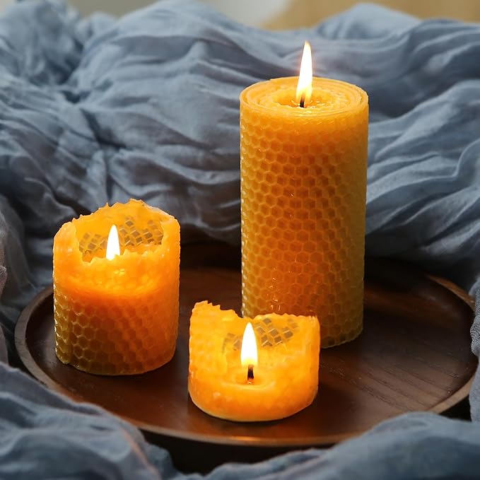 6 Packs Natural Beeswax Candles, Hand Rolled Honeycomb Beeswax Pillar Candles, Pure Bee Wax Gifts for Candle Lovers,Home Decor, Air Purify (2x4 in)