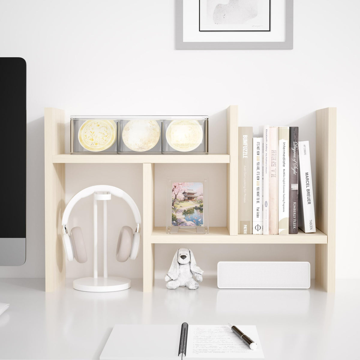 Jerry & Maggie Desktop Organizer Office Storage Rack Adjustable Wood Display Shelf Free Style Double H, Multi-Functional Mini Bookshelf for Desk Natural Stand (White Wood Tone)