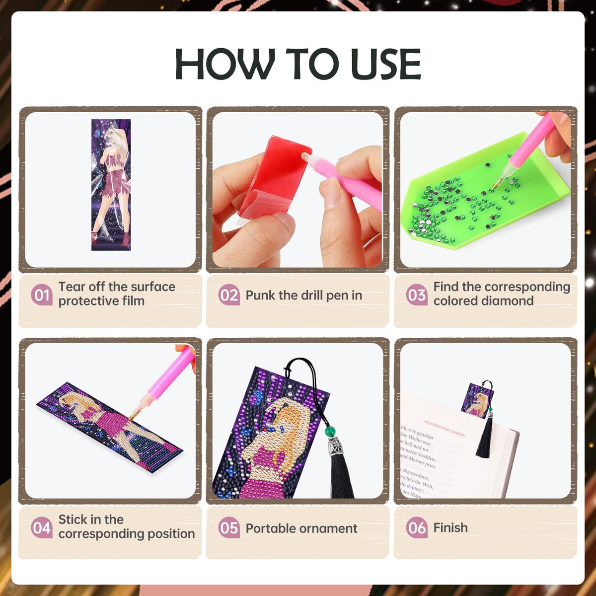 INCOK Singer Diamond Art Bookmarks - 6 Pcs DIY Pop Star Diamond Painting Bookmarks Kits Aesthetic Art Craft Festival Holiday Birthday Gift for Book Lovers Adult Beginners Fans Music Lover